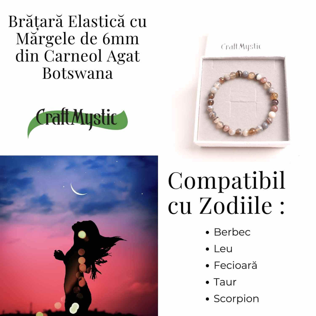 Bratara Elastica cu Margele de 6mm din Agat Botswana - Echilibru si Protectie