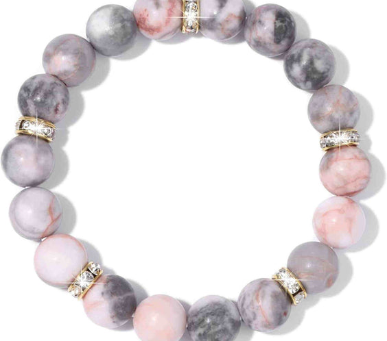 Bratara elastica cu pietre semipretioase zebra stone roz de 10 si 5 mm cu margele aurii si strasuri