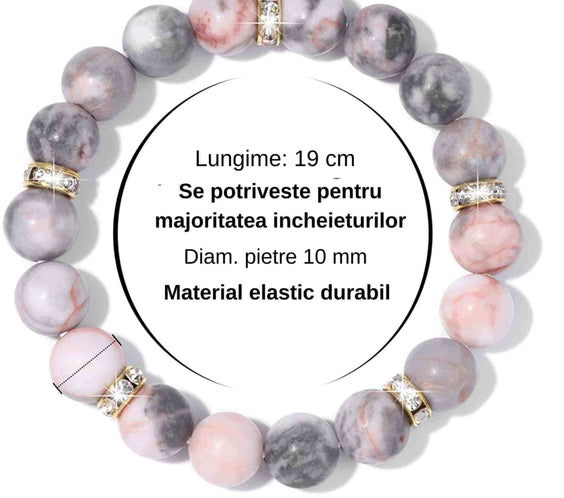 Bratara elastica cu pietre semipretioase zebra stone roz de 10 si 5 mm cu margele aurii si strasuri