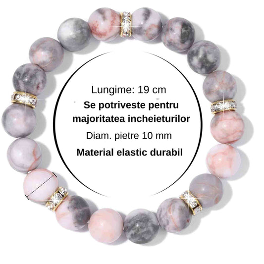 Bratara elastica cu pietre semipretioase zebra stone roz de 10 si 5 mm cu margele aurii si strasuri