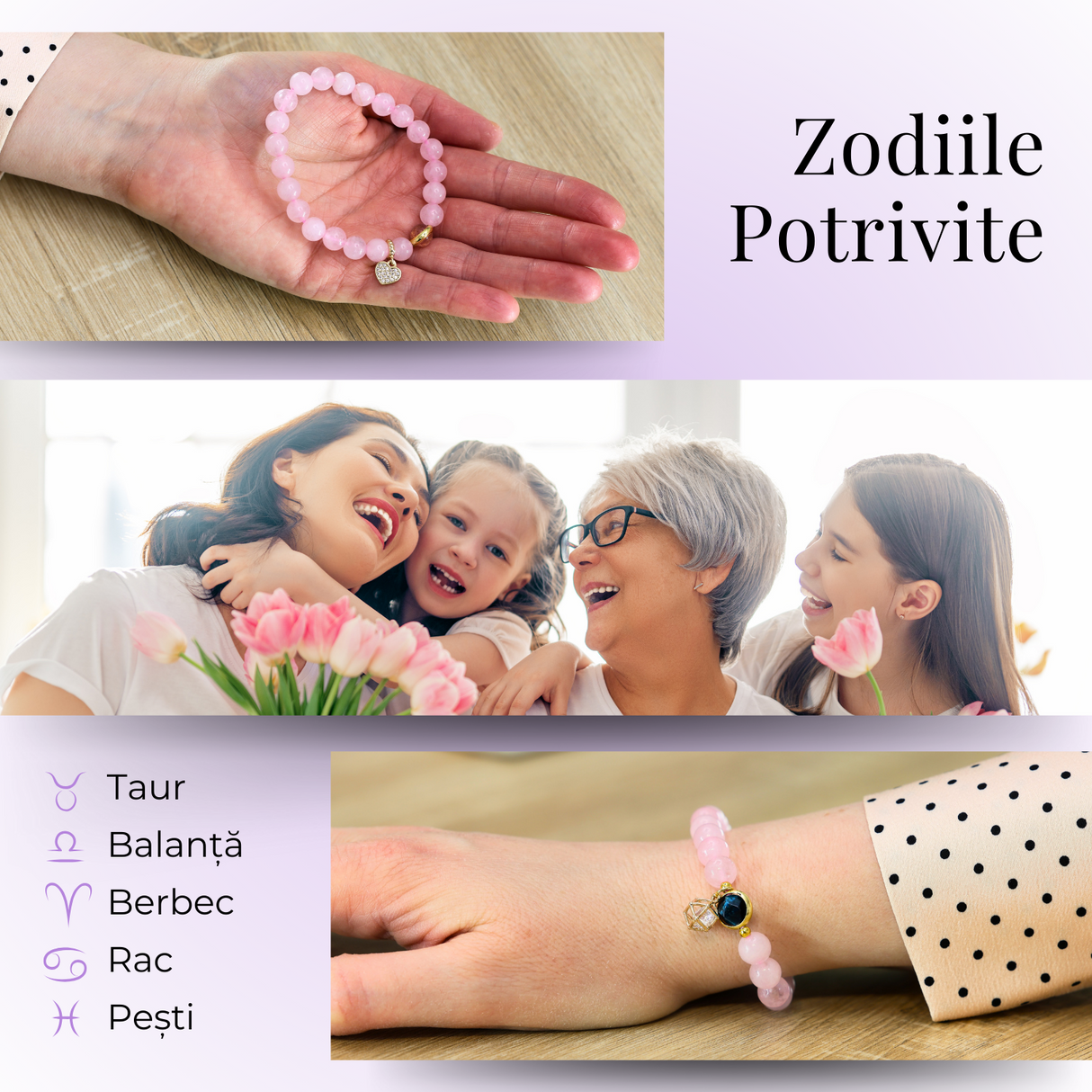 Bratara Elastica cu Margele din Cuart Roz de 8 mm si Pandantiv Steluta