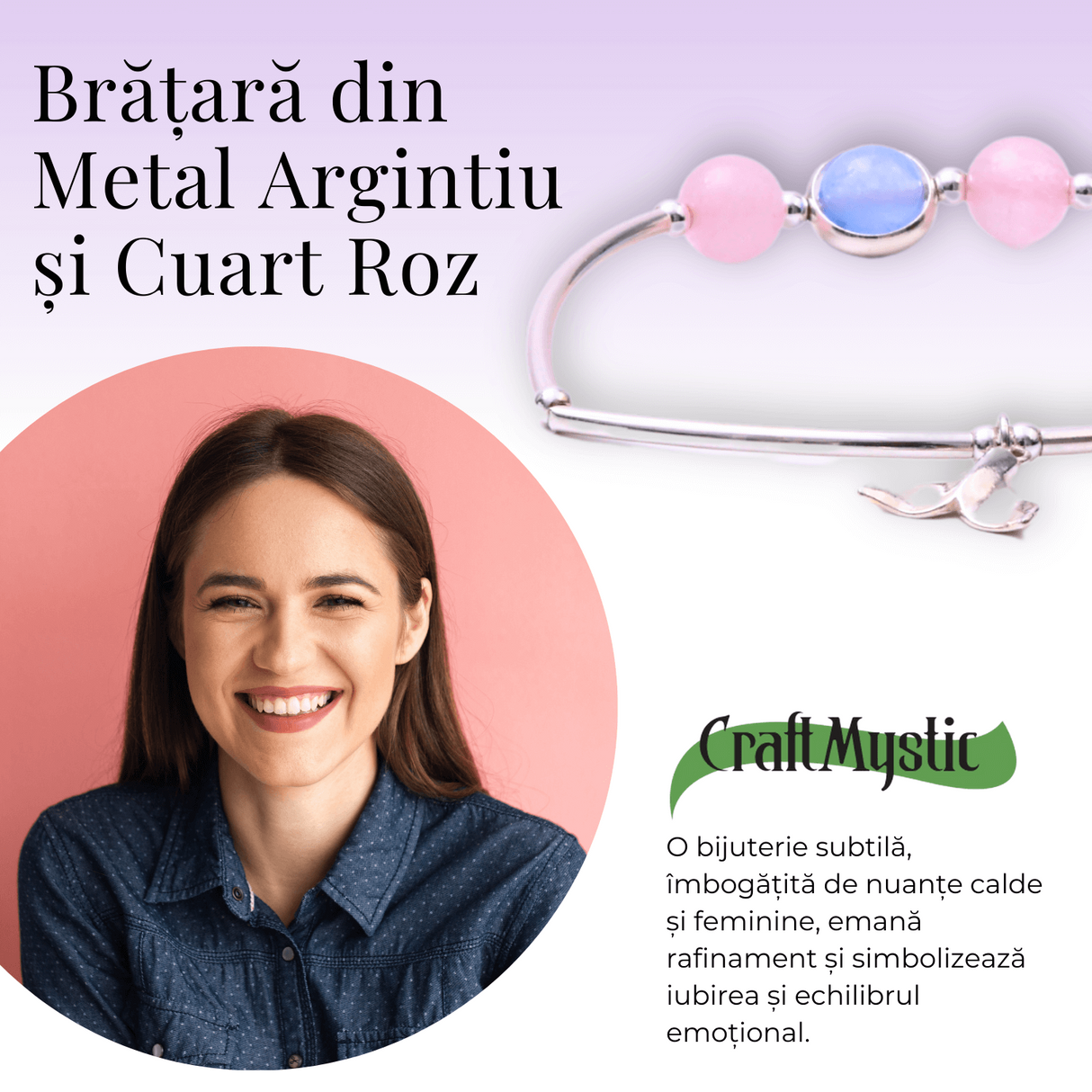 Bratara Metalica cu Margele din Cuart Roz, Margea si Pandantiv Aripi de Balena