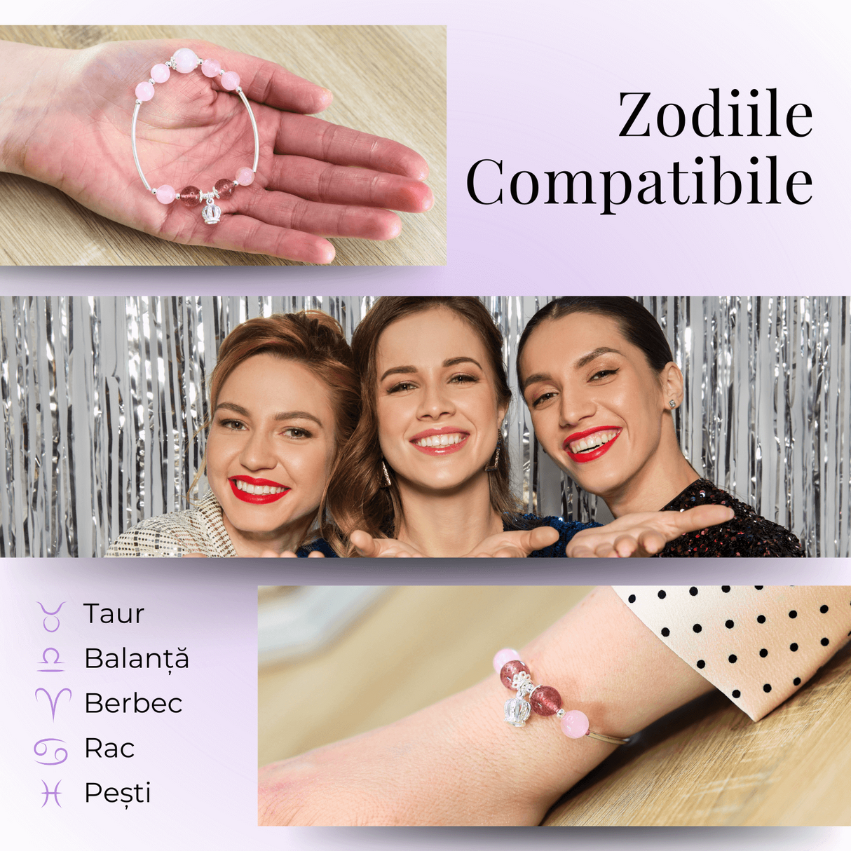 Bratara Metalica cu Margele din Cuart Roz si Pandantiv in Forma de Coroana
