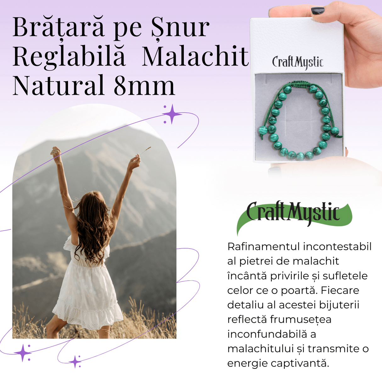 Bratara Reglabila cu Malachit Natural de 8mm - Energie de Vindecare si Protectie