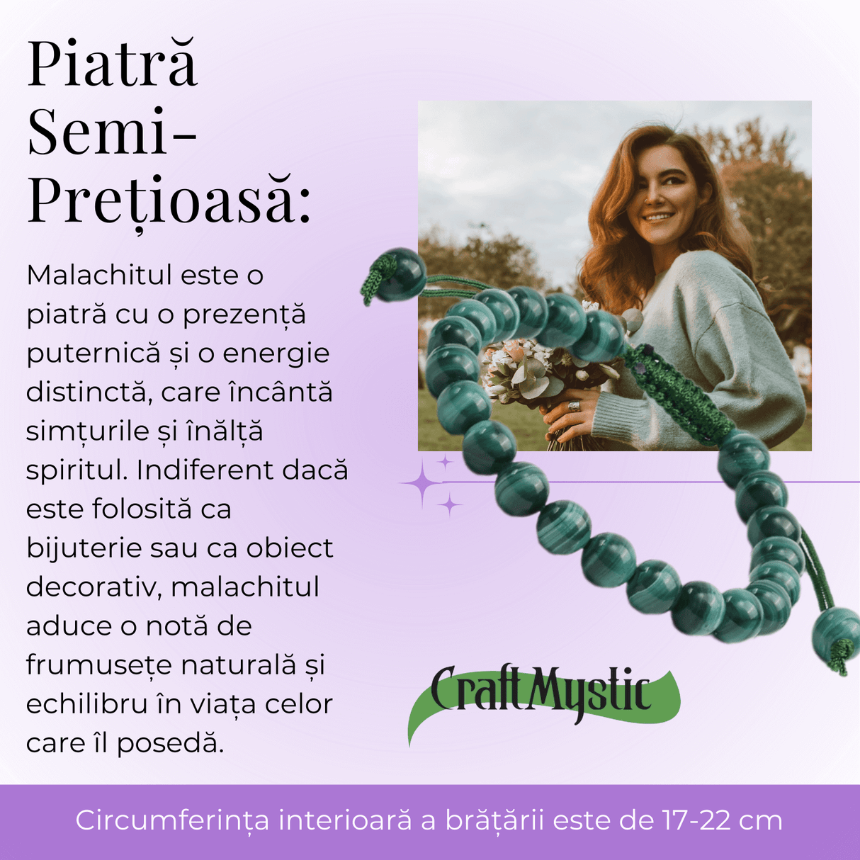 Bratara Reglabila cu Malachit Natural de 8mm - Energie de Vindecare si Protectie