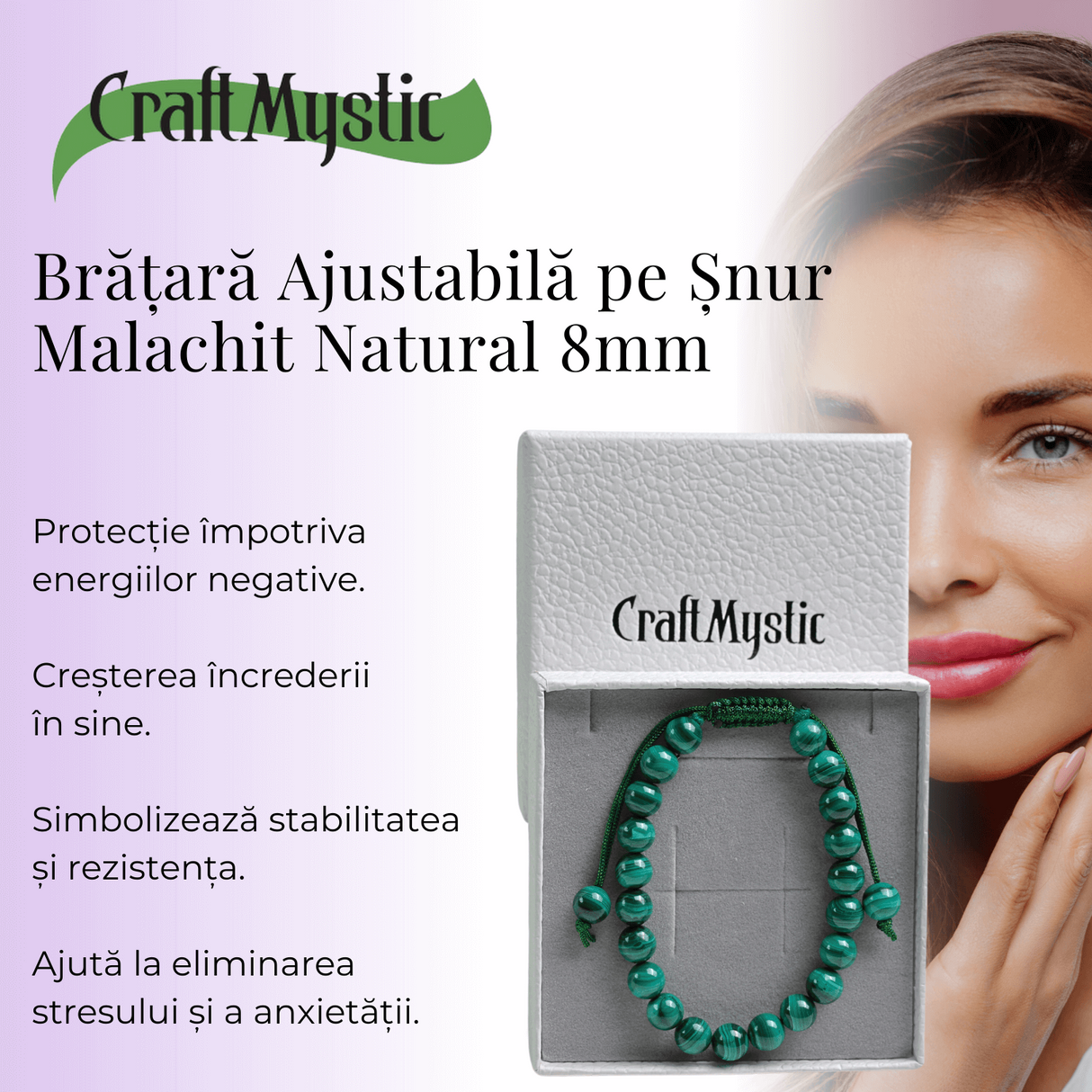 Bratara Reglabila cu Malachit Natural de 8mm - Energie de Vindecare si Protectie