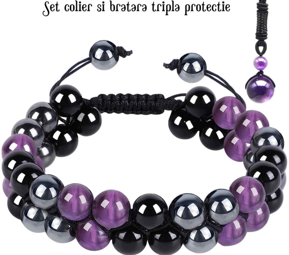 Set colier si bratara cu tripla protectie cu cristale naturale lucrata manual pentru barbati si femei - Margele de 8 mm din hematit, obsidian negru si ametist - Protectie, noroc