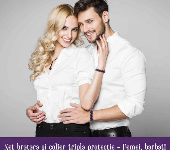 Set colier si bratara cu tripla protectie cu cristale naturale lucrata manual pentru barbati si femei - Margele de 8 mm din hematit, obsidian negru si ametist - Protectie, noroc