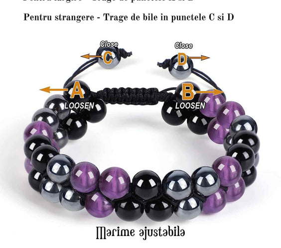 Set colier si bratara cu tripla protectie cu cristale naturale lucrata manual pentru barbati si femei - Margele de 8 mm din hematit, obsidian negru si ametist - Protectie, noroc