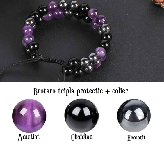 Set colier si bratara cu tripla protectie cu cristale naturale lucrata manual pentru barbati si femei - Margele de 8 mm din hematit, obsidian negru si ametist - Protectie, noroc
