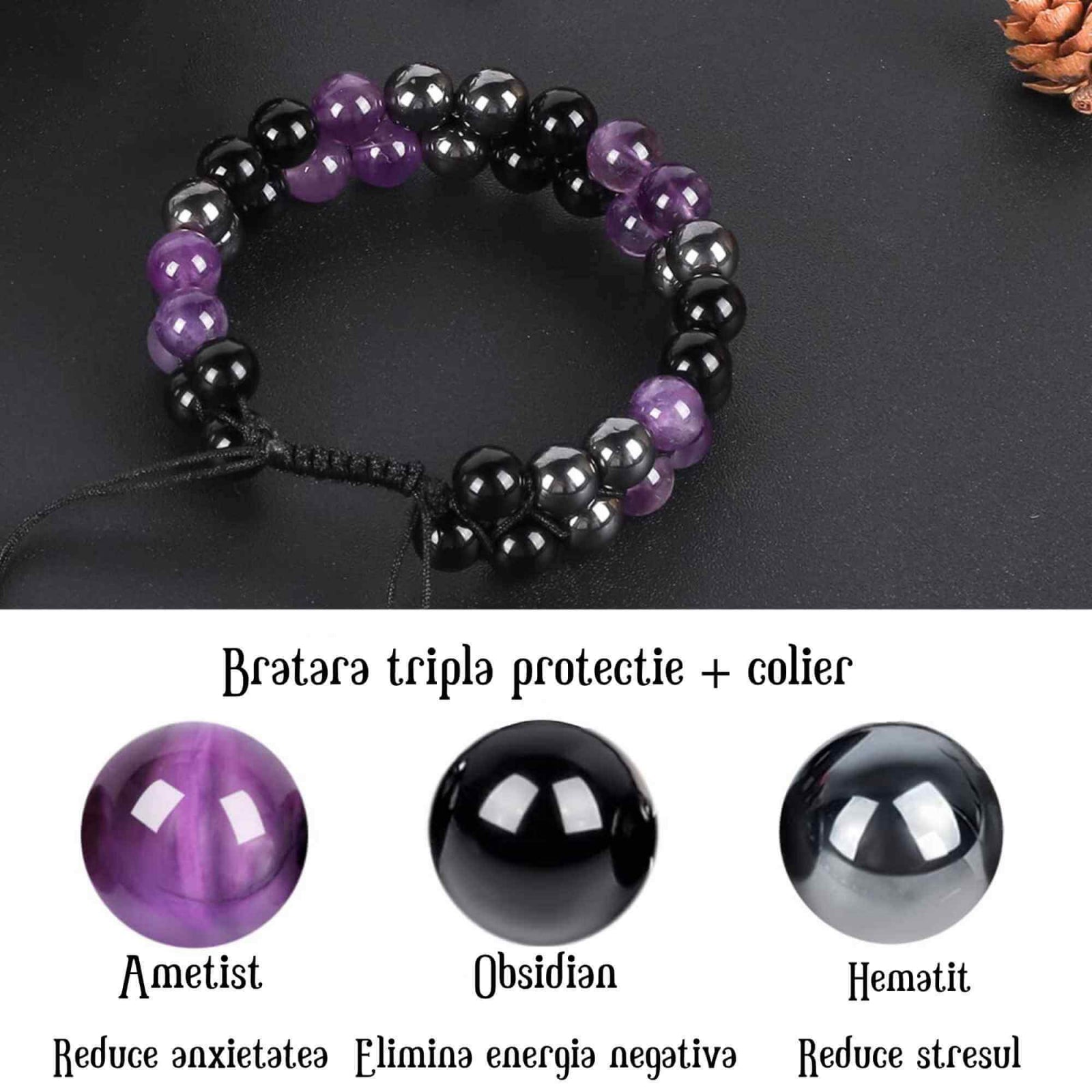 Set colier si bratara cu tripla protectie cu cristale naturale lucrata manual pentru barbati si femei - Margele de 8 mm din hematit, obsidian negru si ametist - Protectie, noroc