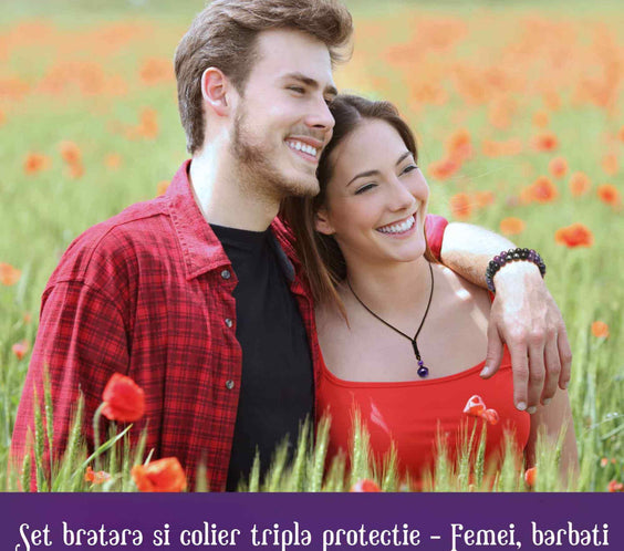 Set colier si bratara cu tripla protectie cu cristale naturale lucrata manual pentru barbati si femei - Margele de 8 mm din hematit, obsidian negru si ametist - Protectie, noroc