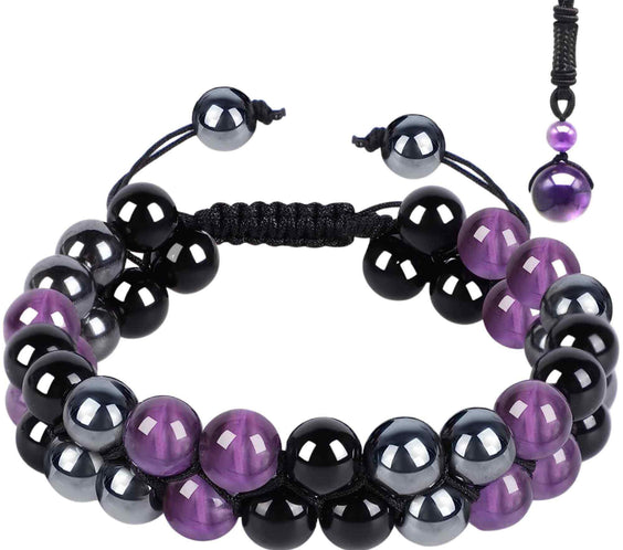 Set colier si bratara cu tripla protectie cu cristale naturale lucrata manual pentru barbati si femei - Margele de 8 mm din hematit, obsidian negru si ametist - Protectie, noroc