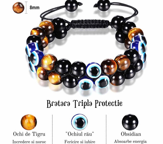 Bratara cu tripla protectie din pietre naturale 8mm Ochi de tigru natural, Obsidian negru si 