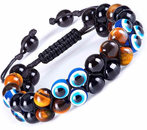 Bratara cu tripla protectie din pietre naturale 8mm Ochi de tigru natural, Obsidian negru si 