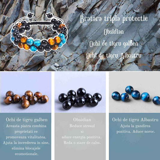 Bratara energetica cu tripla protectie, realizata din pietre semipretioase Obsidian, Ochi de tigru galben si Ochi de tigru albastru de 8 mm – bratara pentru noroc, protectie, stare de bine