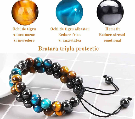 Bratara energetica cu tripla protectie, realizata din pietre semipretioase hematit, ochi de tigru galben si ochi de tigru albastru de 8 mm – bratara pentru energie, protectie, meditatie