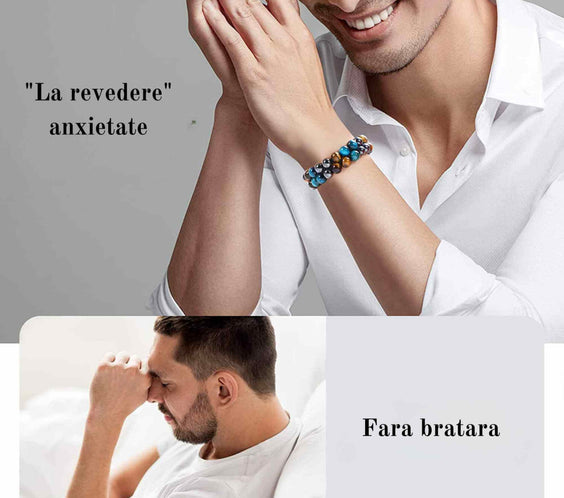 Bratara energetica cu tripla protectie, realizata din pietre semipretioase hematit, ochi de tigru galben si ochi de tigru albastru de 8 mm – bratara pentru energie, protectie, meditatie