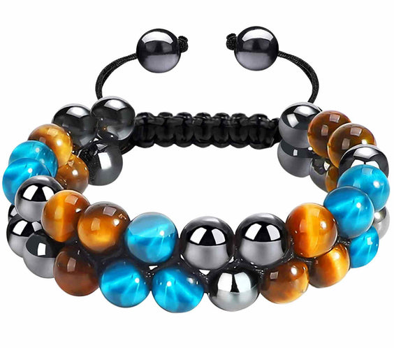 Bratara energetica cu tripla protectie, realizata din pietre semipretioase hematit, ochi de tigru galben si ochi de tigru albastru de 8 mm – bratara pentru energie, protectie, meditatie