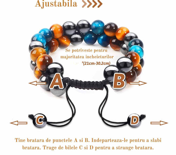 Bratara energetica cu tripla protectie, realizata din pietre semipretioase hematit, ochi de tigru galben si ochi de tigru albastru de 8 mm – bratara pentru energie, protectie, meditatie