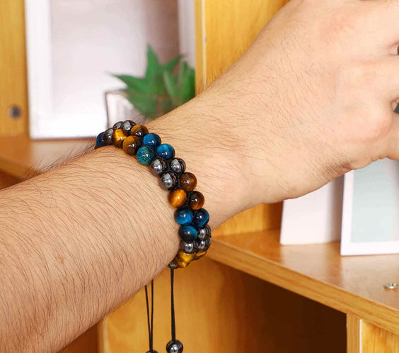 Bratara energetica cu tripla protectie, realizata din pietre semipretioase hematit, ochi de tigru galben si ochi de tigru albastru de 8 mm – bratara pentru energie, protectie, meditatie