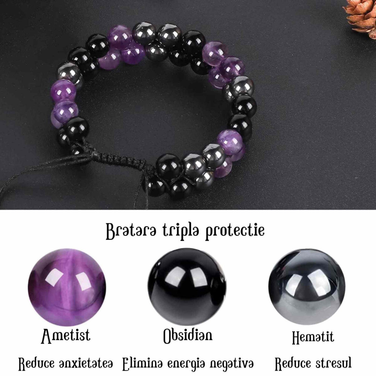 Bratara tripla protectie cu pietre semipretioase 6mm ametist, hematit si obsidian negru -  Imbunatateste carisma, norocul si fericirea