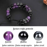 Bratara tripla protectie cu pietre semipretioase 6mm ametist, hematit si obsidian negru -  Imbunatateste carisma, norocul si fericirea
