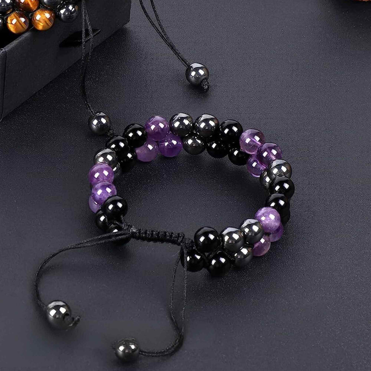 Bratara tripla protectie cu pietre semipretioase 6mm ametist, hematit si obsidian negru -  Imbunatateste carisma, norocul si fericirea