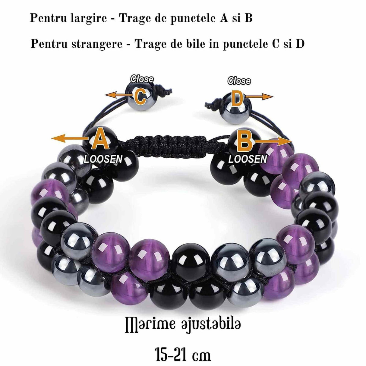 Bratara tripla protectie cu pietre semipretioase 6mm ametist, hematit si obsidian negru -  Imbunatateste carisma, norocul si fericirea