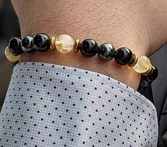 Bratara Feng Shui cu cristale naturale de citrin, hematita si obisidian negru de 8 mm - Generator de bogatie si atractie norocoasa a banilor, prosperitate