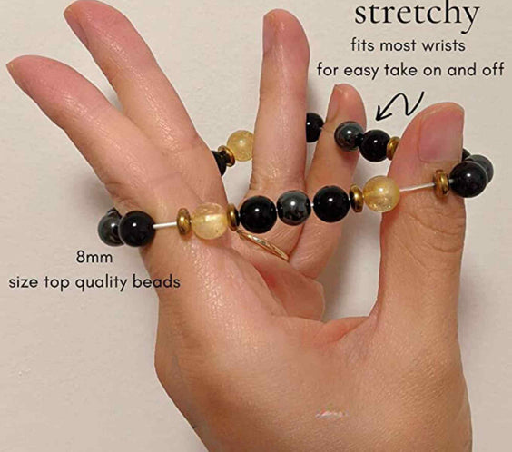 Bratara Feng Shui cu cristale naturale de citrin, hematita si obisidian negru de 8 mm - Generator de bogatie si atractie norocoasa a banilor, prosperitate