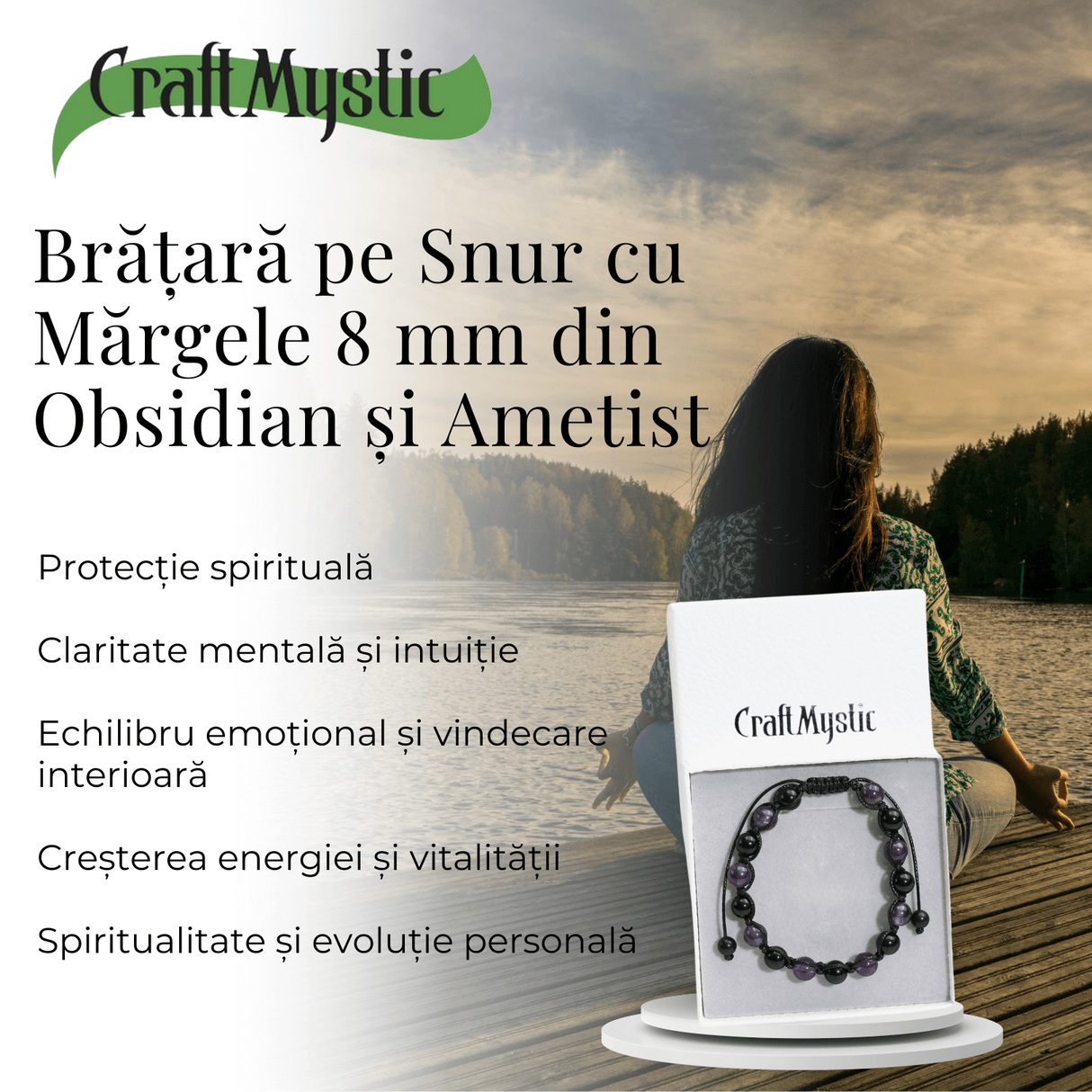 Bratara Reglabila cu Obsidian si Ametist 8mm - Protectie si Liniste Interioara