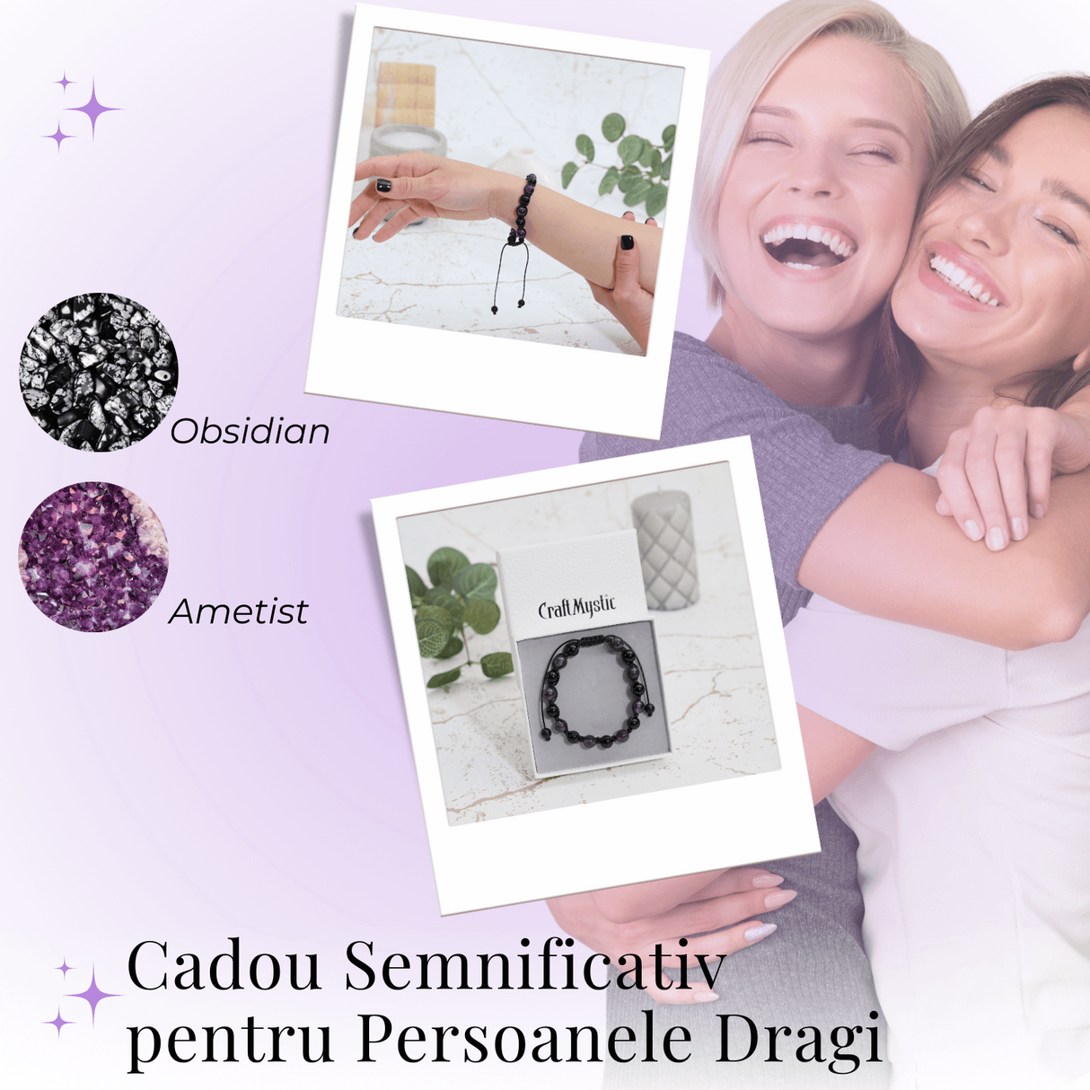 Bratara Reglabila cu Obsidian si Ametist 8mm - Protectie si Liniste Interioara