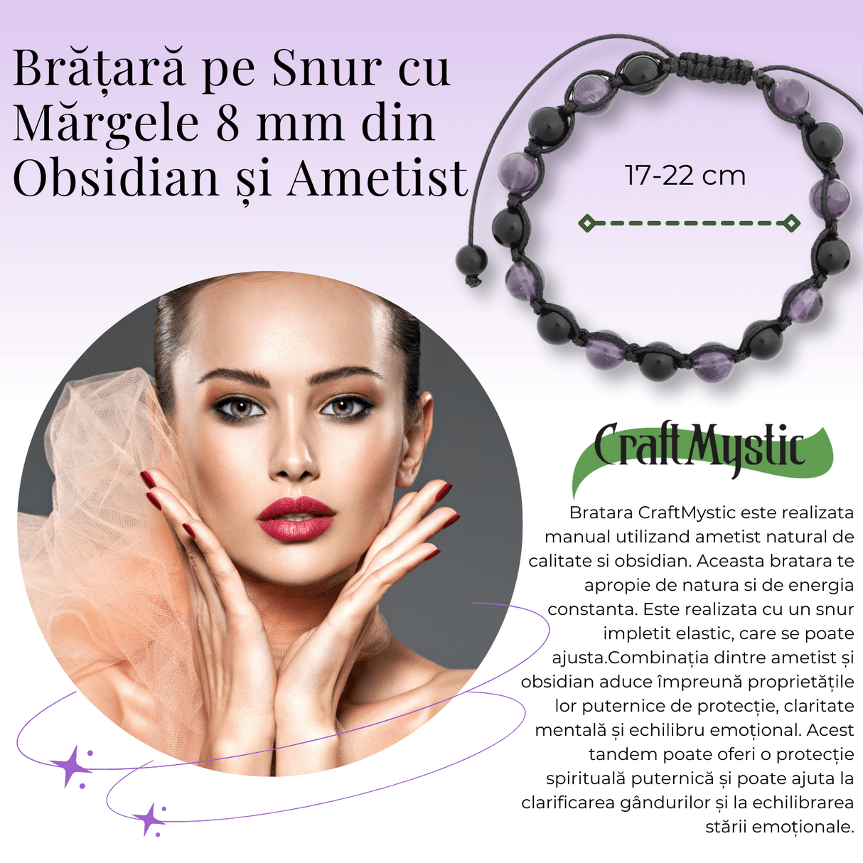 Bratara Reglabila cu Obsidian si Ametist 8mm - Protectie si Liniste Interioara