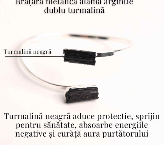 Bratara Metalica Argintie cu Dublu Turmalina, Protectie si Echilibru
