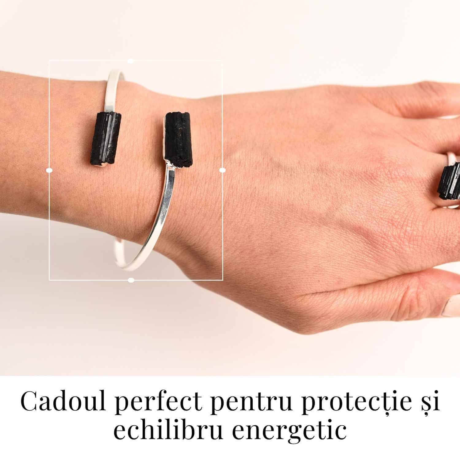 Bratara Metalica Argintie cu Dublu Turmalina, Protectie si Echilibru