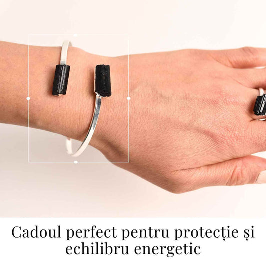 Bratara Metalica Argintie cu Dublu Turmalina, Protectie si Echilibru