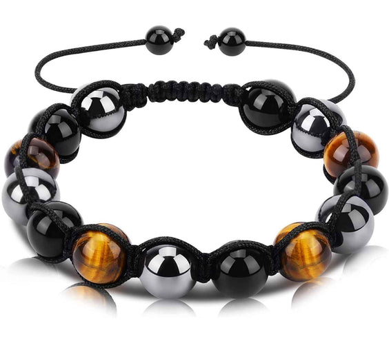 Bratara reglabila cu tripla protectie din obsidian negru, ochi de tigru si hematit 10 mm - bratara feng shui pentru protectie, noroc si prosperitate