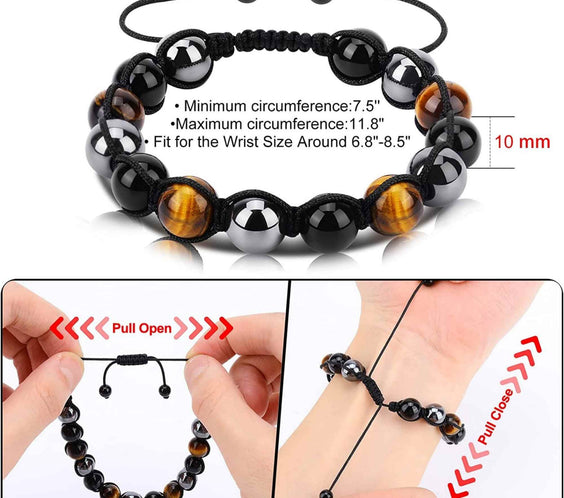 Bratara reglabila cu tripla protectie din obsidian negru, ochi de tigru si hematit 10 mm - bratara feng shui pentru protectie, noroc si prosperitate