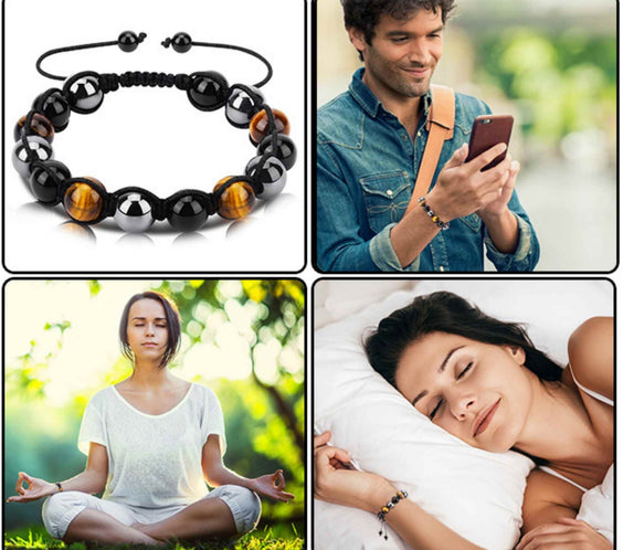 Bratara reglabila cu tripla protectie din obsidian negru, ochi de tigru si hematit 10 mm - bratara feng shui pentru protectie, noroc si prosperitate