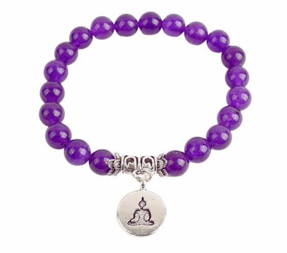 Bratara zen cu cristale semipretioase din ametist 8 mm si pandantiv argintiu gravat cu Buddha - Bratara feng shui pentru meditatie, liniste, echilibru