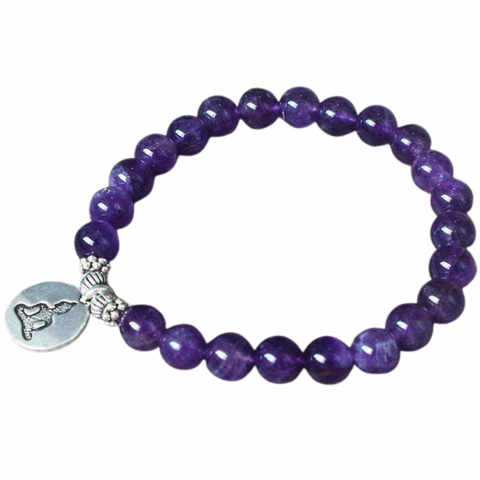 Bratara zen cu cristale semipretioase din ametist 8 mm si pandantiv argintiu gravat cu Buddha Feng shui pentru meditatie, liniste, echilibru
