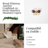 Brosa fluturas ametist cu perla sintetica si montura din cupru – Eleganta si echilibru