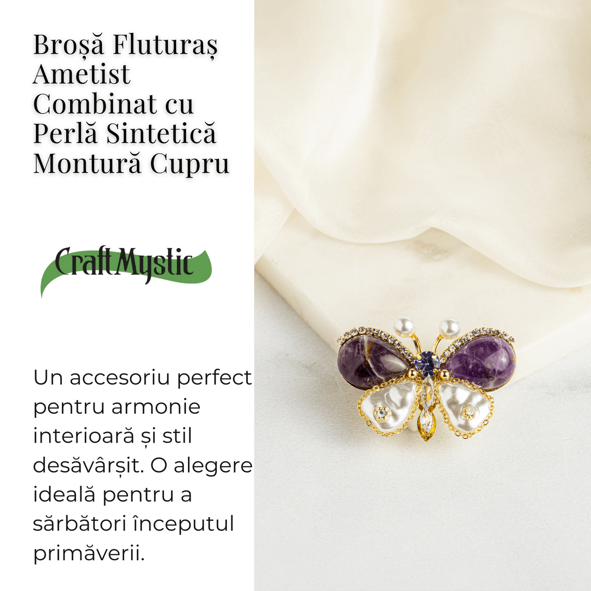Brosa fluturas ametist cu perla sintetica si montura din cupru – Eleganta si echilibru
