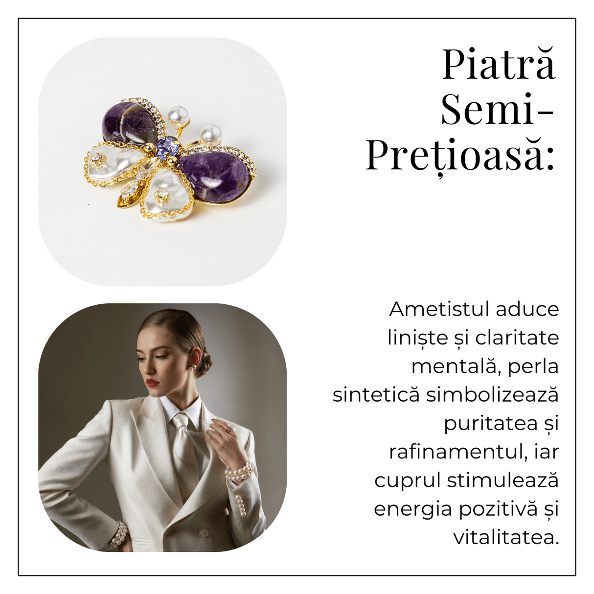 Brosa fluturas ametist cu perla sintetica si montura din cupru – Eleganta si echilibru