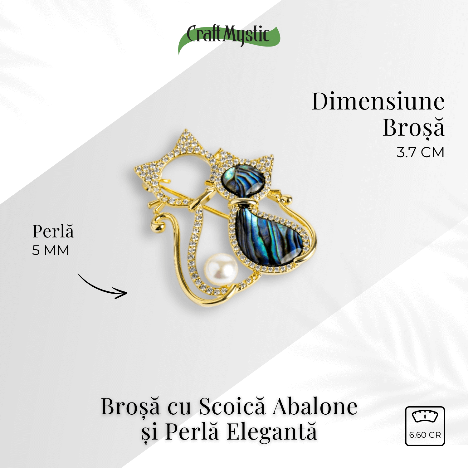 Pisica misterioasa – Brosa cu scoica abalone si perla eleganta
