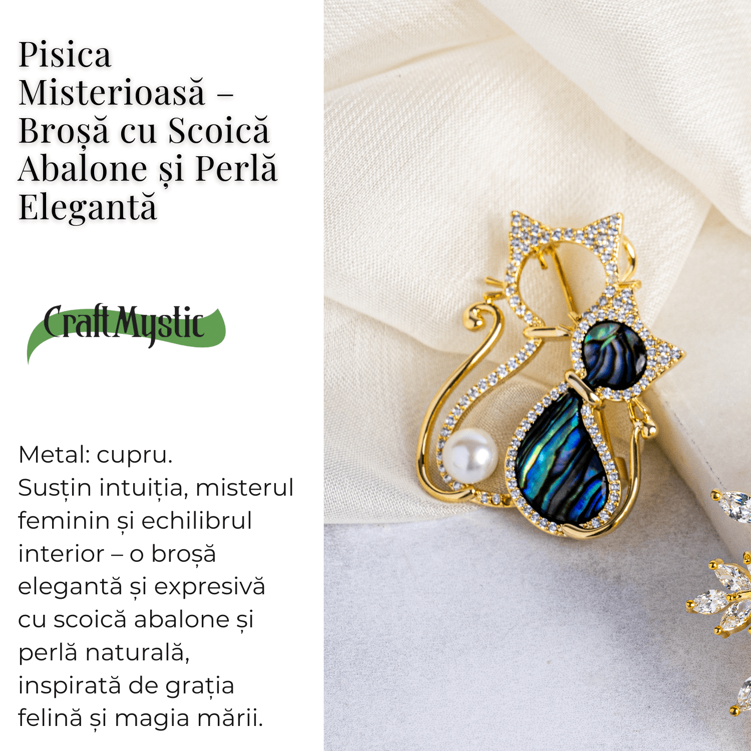 Pisica misterioasa – Brosa cu scoica abalone si perla eleganta