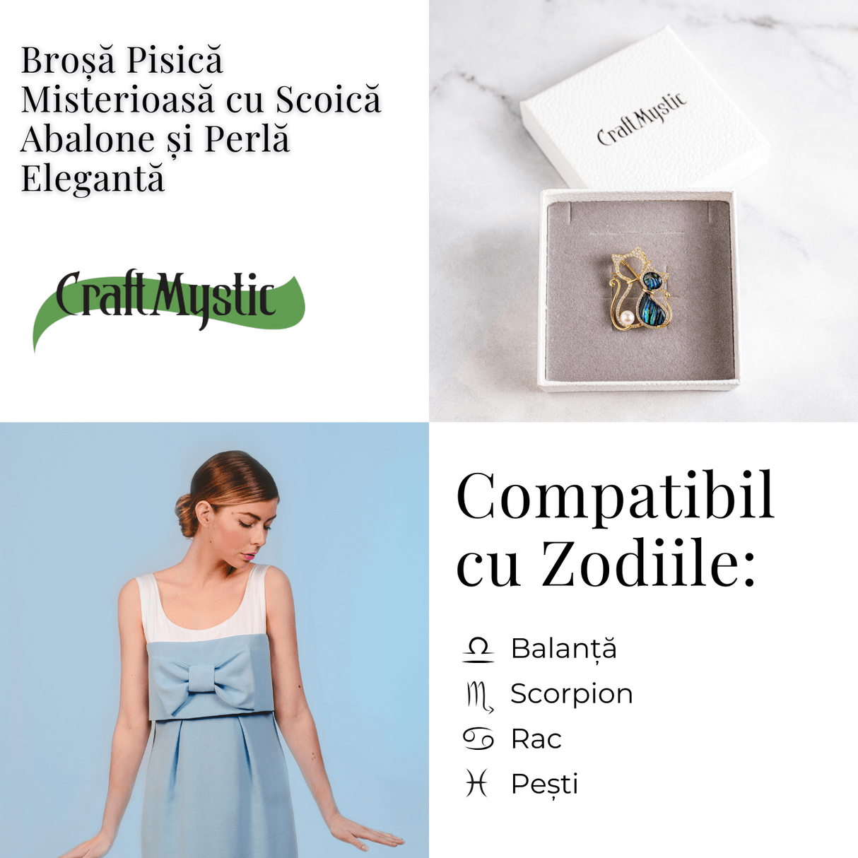 Pisica misterioasa – Brosa cu scoica abalone si perla eleganta