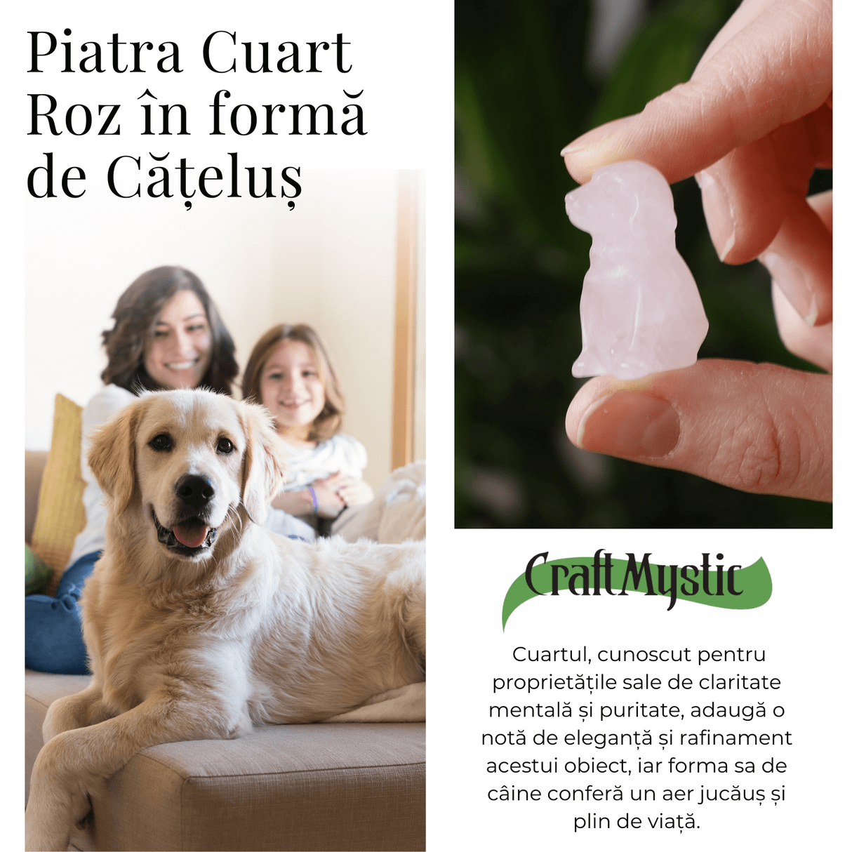 Figurina Artizanala 30mm Catelus din Cuart Roz
