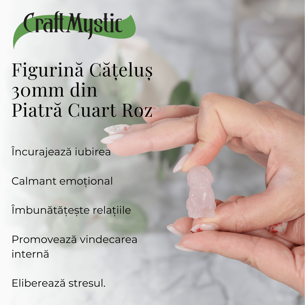 Figurina Artizanala 30mm Catelus din Cuart Roz